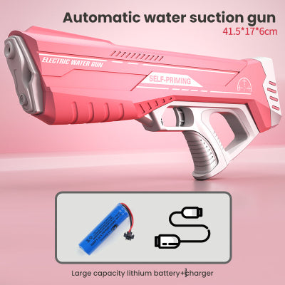 Robuste Wasserpistole mit kräftigem Strahl, großem Tank & USB-Akku, ideal für sommerliche Wasserschlachten, blau/rosa.
