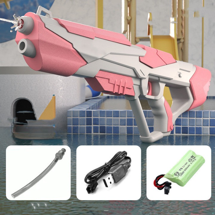 Robuste Wasserpistole mit kräftigem Strahl, großem Tank & USB-Akku, ideal für sommerliche Wasserschlachten, blau/rosa.
