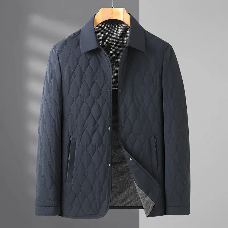 Lightweight men's quilted fall jacket, a warm button-down collared option for autumn and mild winter.