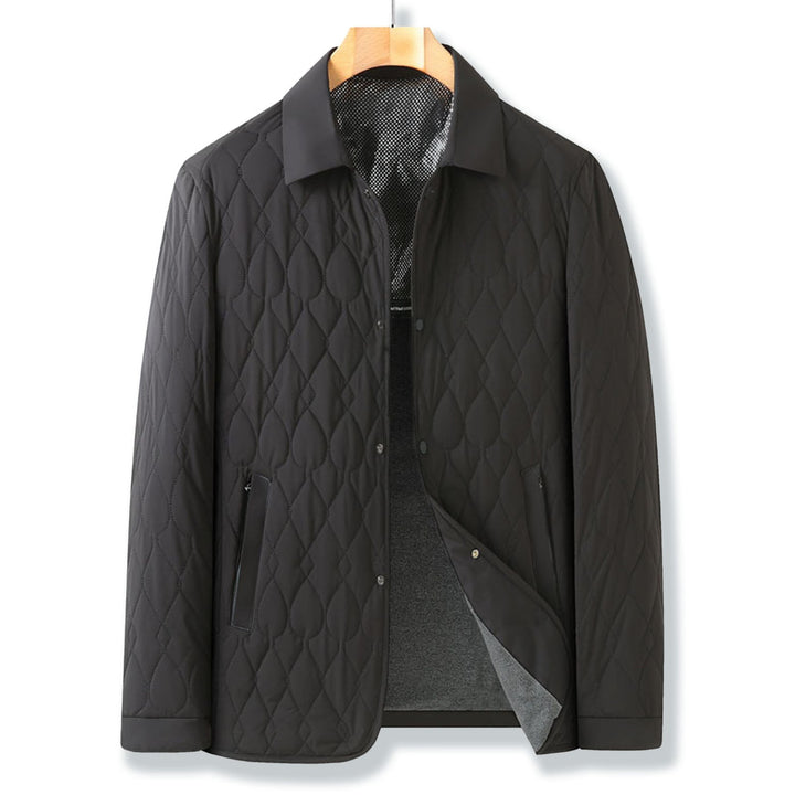 Classic men's quilted button-down jacket, a timeless collared piece for sophisticated casual fashion.