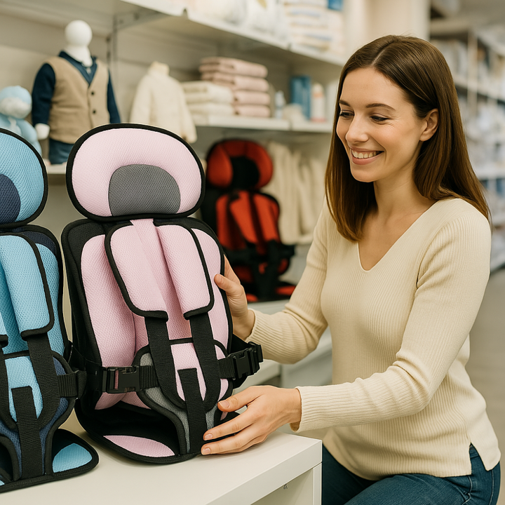 "Rosa-grauer Kindersitz von vorne, mit atmungsaktivem Mesh und weicher Polsterung für maximalen Komfort und Sicherheit."