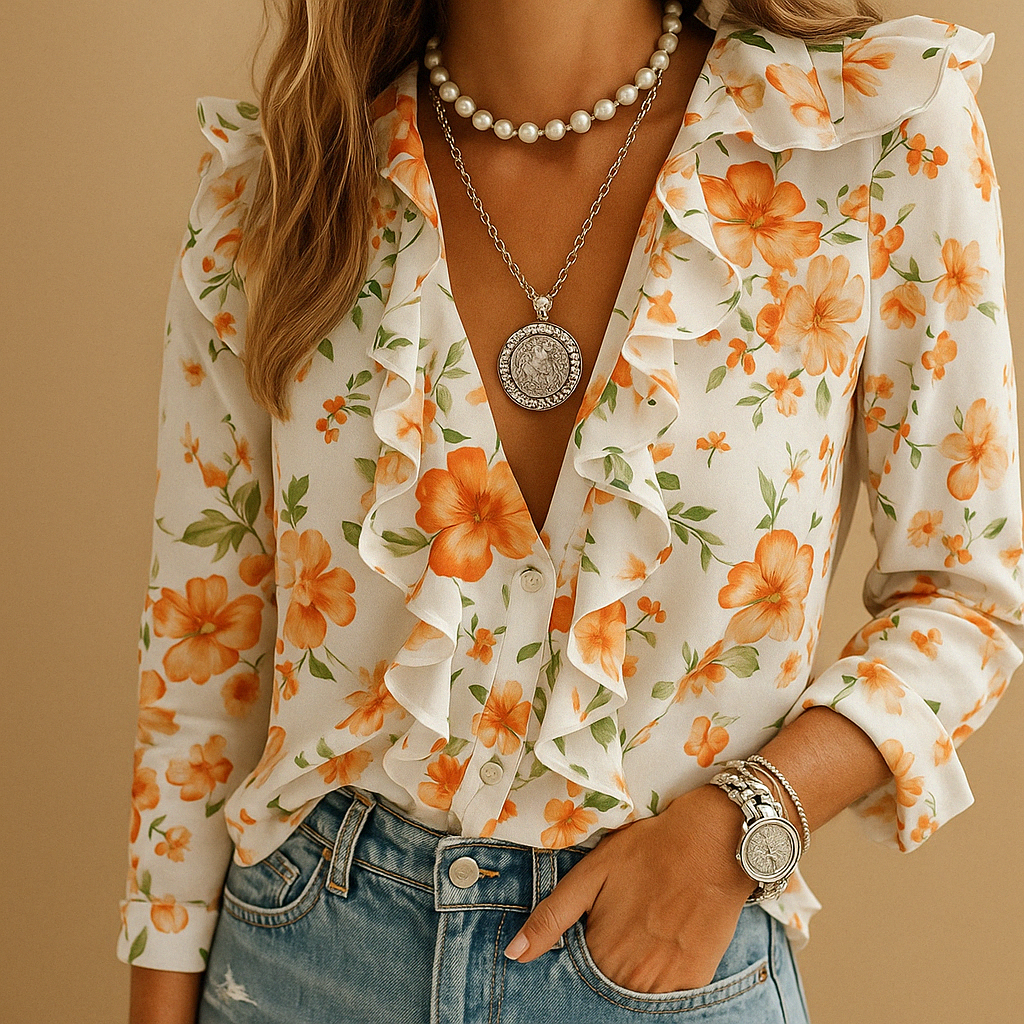 Elegant women's long sleeve ruffle blouse featuring a delicate butterfly print, perfect for spring fashion & workwear.