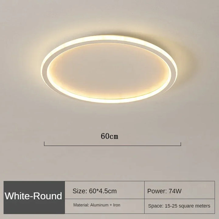 Runde LED-Deckenleuchte in skandinavischem Design, minimalistisch mit warmem Licht, ideal für Wohnraum oder Schlafzimmer.