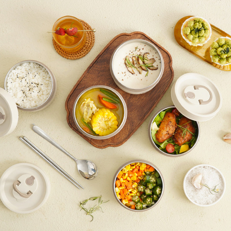 "Runde, mehrschichtige ThermoBox Lunchbox, stapelbar, mit Deckel in stilvollem Design, ideal für unterwegs"