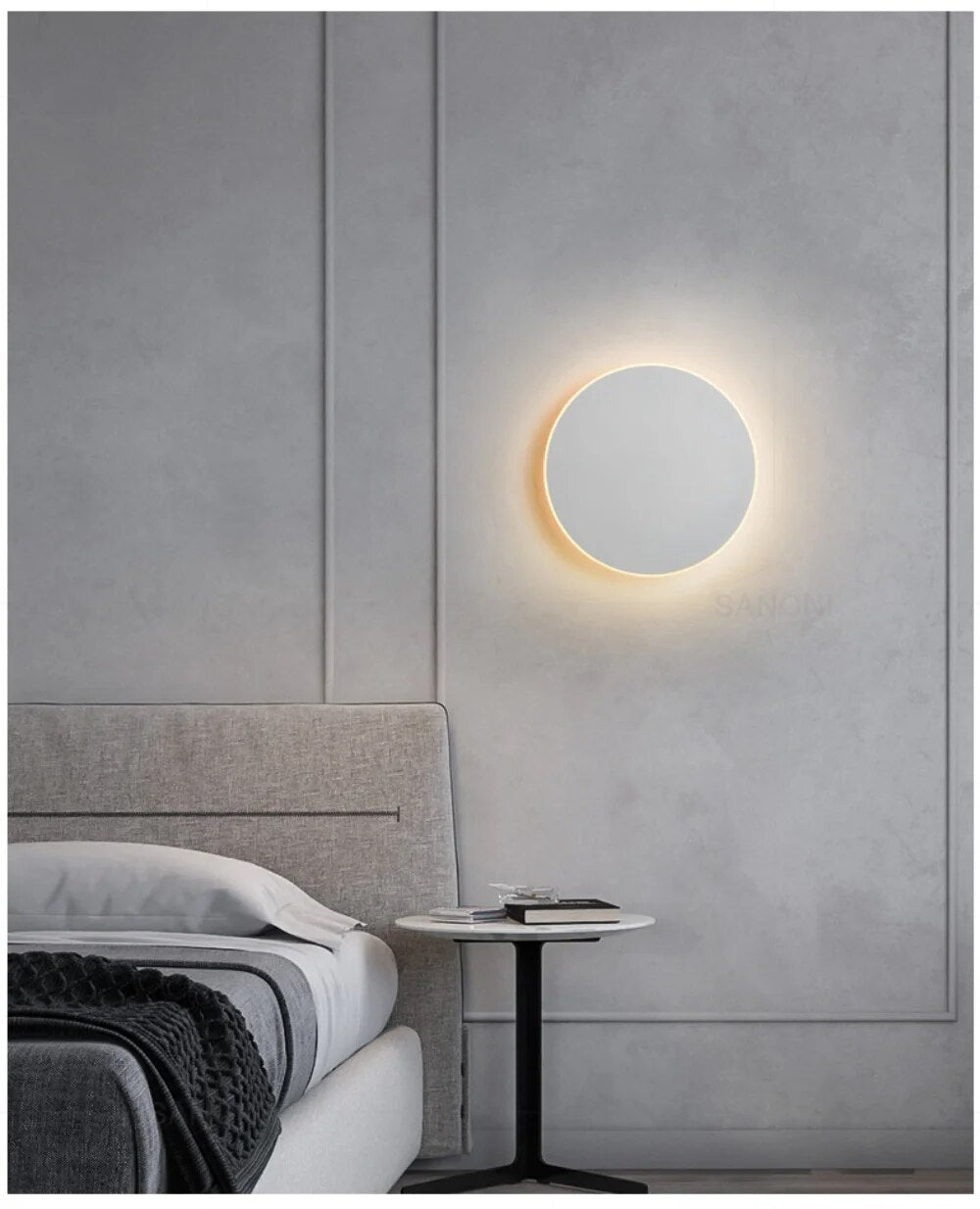 Runde, moderne LED-Wandleuchte mit elegantem, minimalistischem Design, ideal für stilvolle Innenraumbeleuchtung.