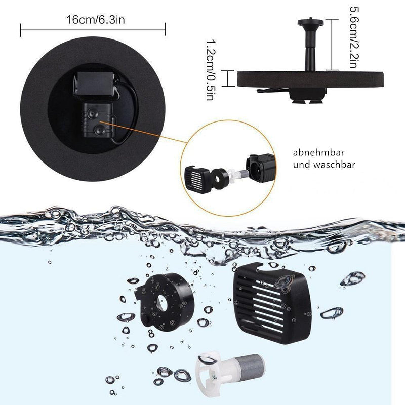 "Runde solare Springbrunnenpumpe für Garten, mit 4 Düsen, umweltfreundlich, einfache Installation, ideal für Teiche."