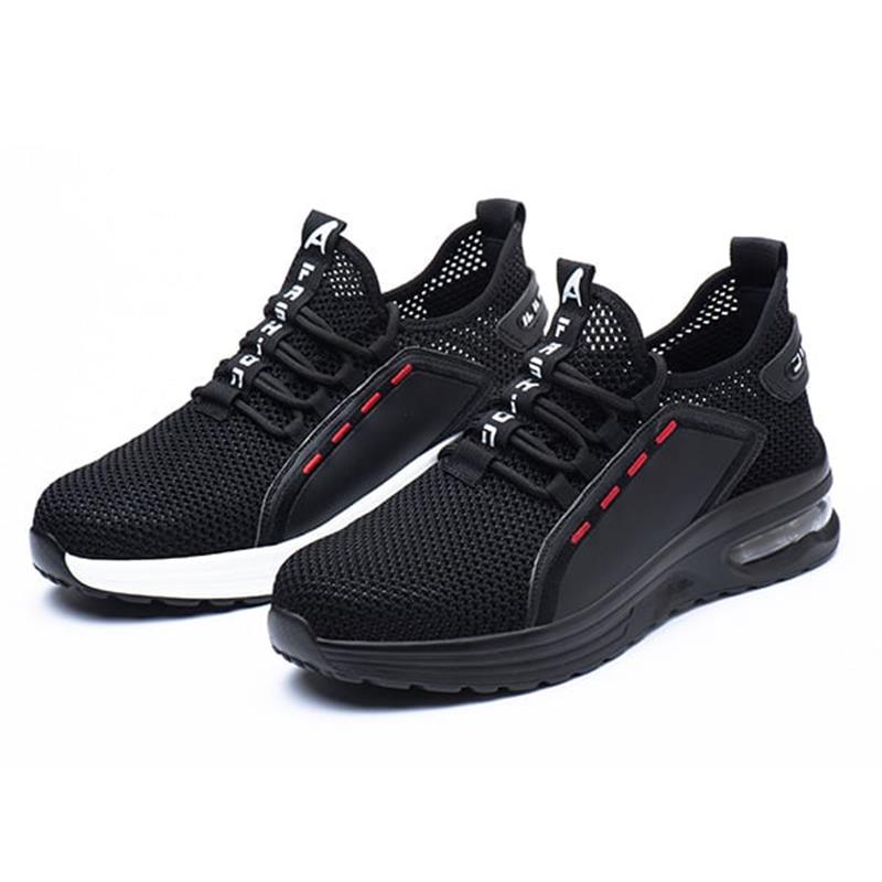 Rutschfeste, ultraleichte Sicherheitsschuhe mit schwarzer Stahlkappe und atmungsaktivem Mesh-Futter für Herren.
