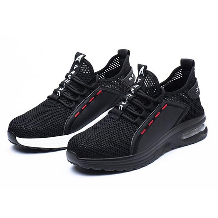 Rutschfeste, ultraleichte Sicherheitsschuhe mit schwarzer Stahlkappe und atmungsaktivem Mesh-Futter für Herren.