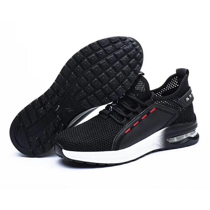 Rutschfeste, ultraleichte Sicherheitsschuhe mit schwarzer Stahlkappe und atmungsaktivem Mesh-Futter für Herren.