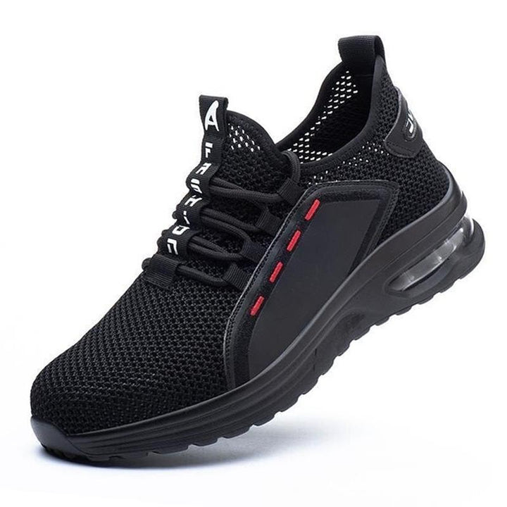 Rutschfeste, ultraleichte Sicherheitsschuhe mit schwarzer Stahlkappe und atmungsaktivem Mesh-Futter für Herren.