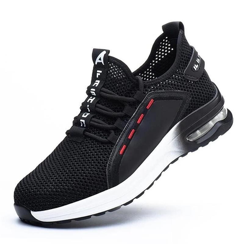 Rutschfeste, ultraleichte Sicherheitsschuhe mit schwarzer Stahlkappe und atmungsaktivem Mesh-Futter für Herren.