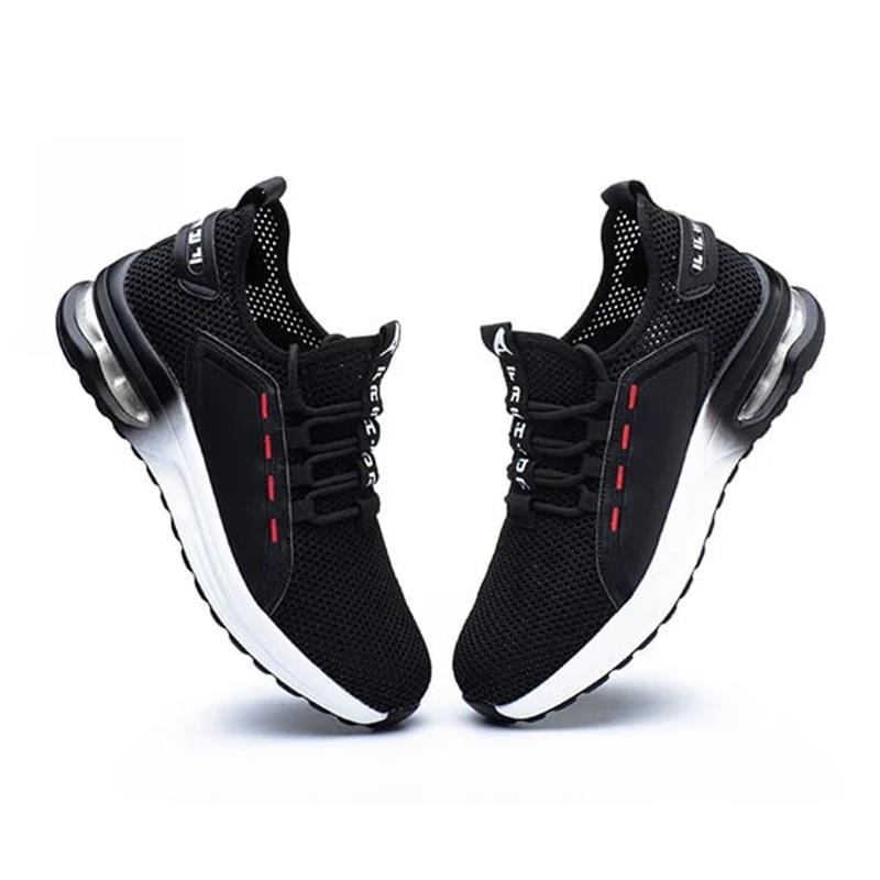 Rutschfeste, ultraleichte Sicherheitsschuhe mit schwarzer Stahlkappe und atmungsaktivem Mesh-Futter für Herren.