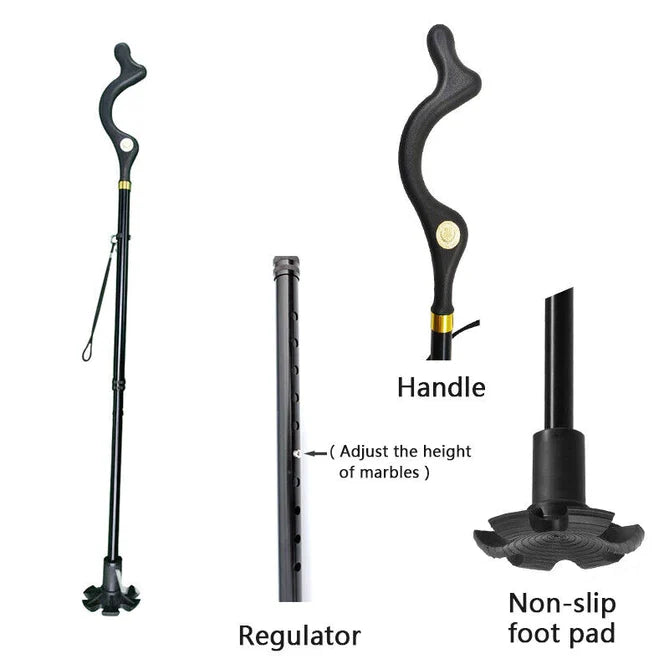Ergonomic handle detail of an adjustable walking stick, designed for comfortable senior support.