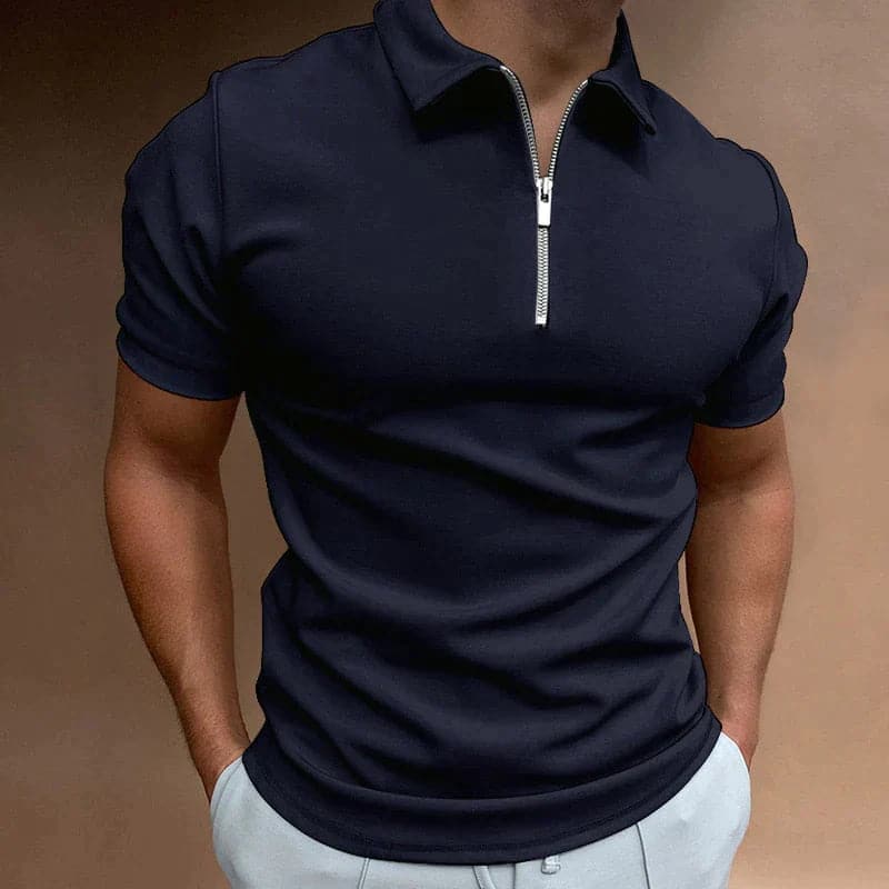 Men's comfortable fitted zip polo shirt, short sleeve, modern style for summer casual wear & golf apparel.