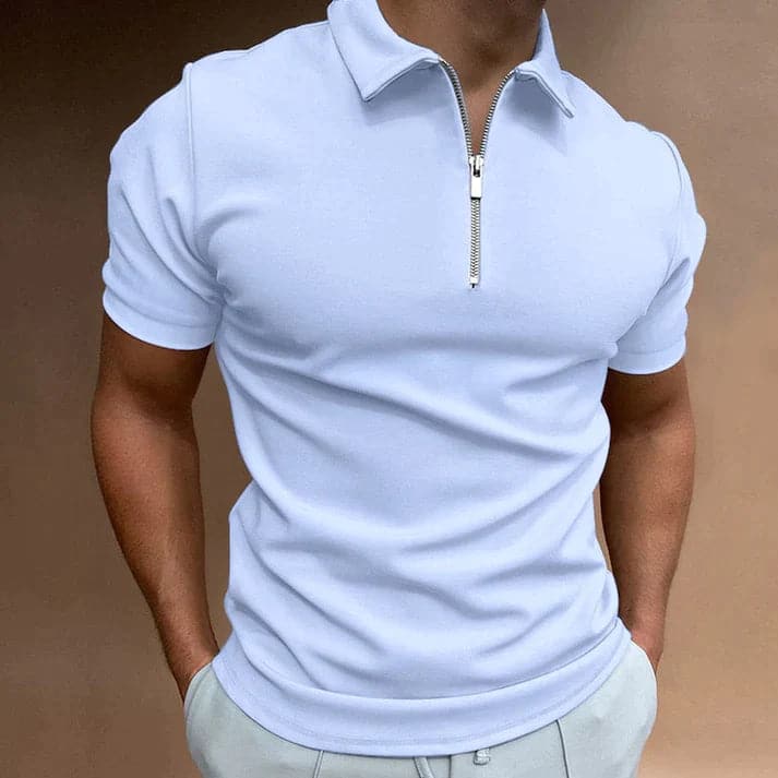 Men's modern fitted zip polo shirt, short sleeve, perfect for casual wear, golf & summer fashion.