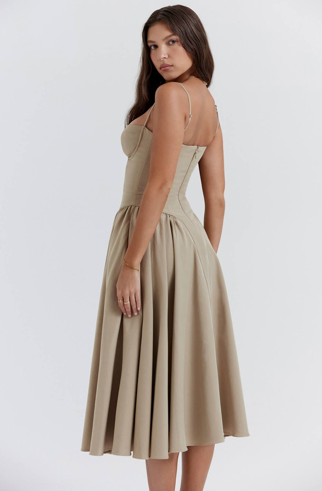 Elegant women's taupe midi party dress with a stylish corset, designed for a flattering silhouette.