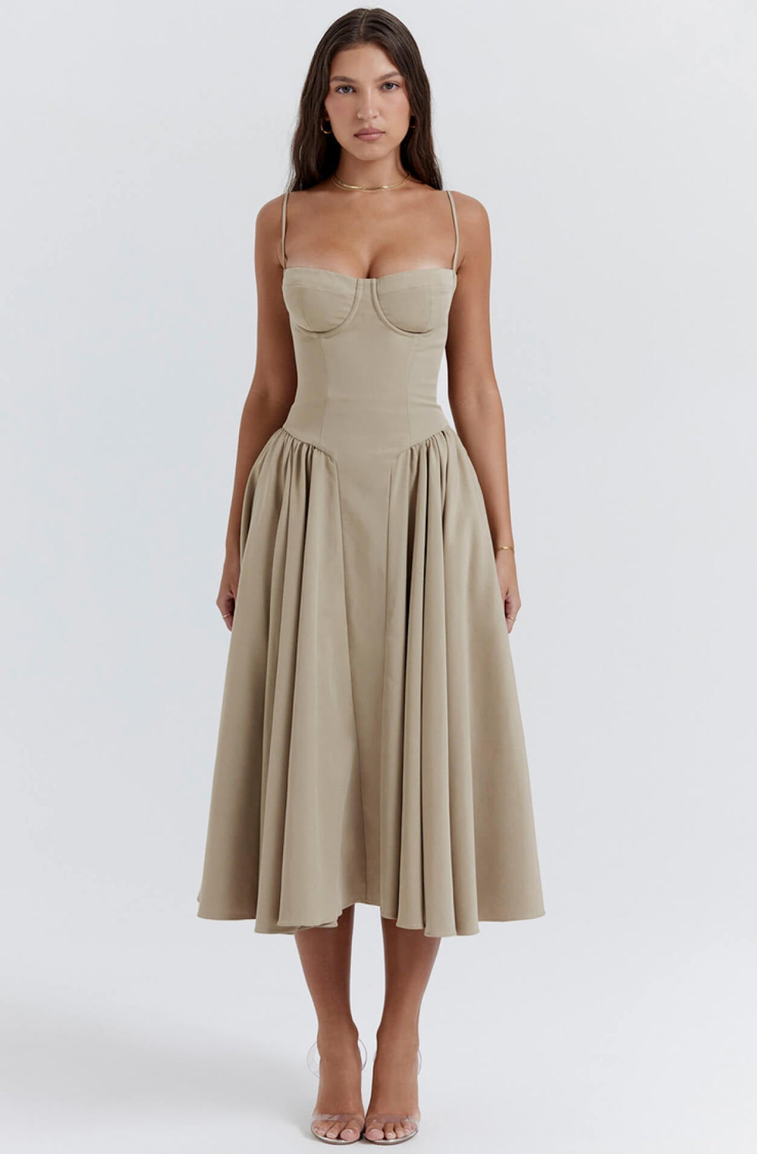 Women's elegant navy midi dress featuring a figure-sculpting corset and sleek bodycon style.