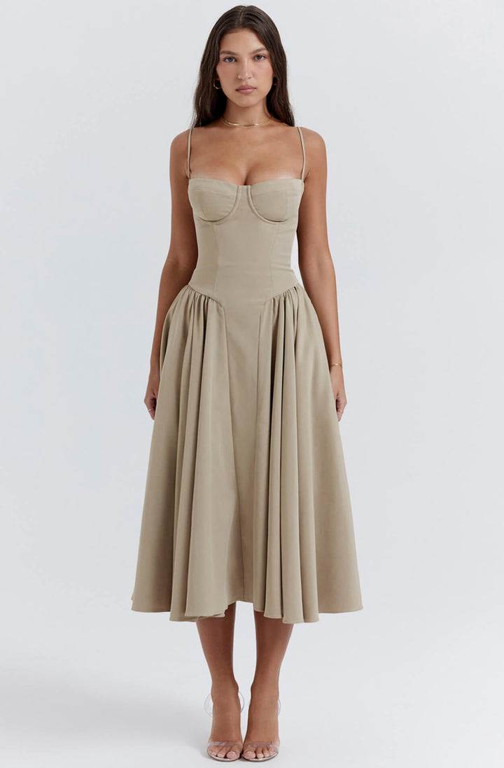 Women's elegant navy midi dress featuring a figure-sculpting corset and sleek bodycon style.