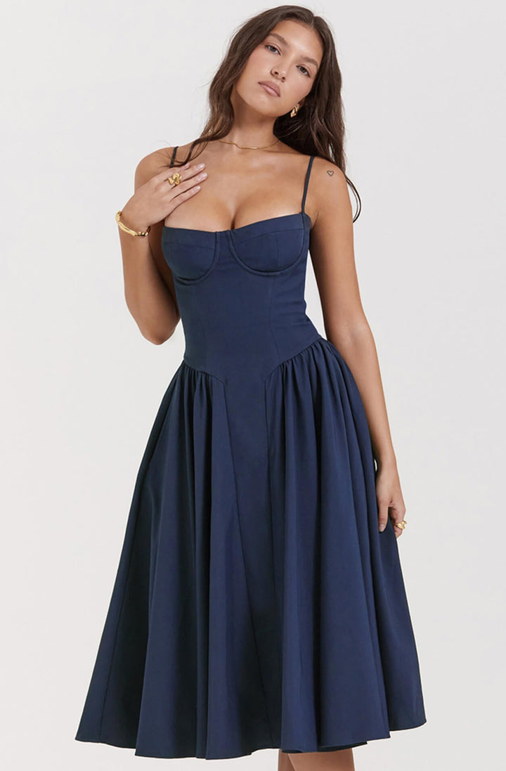 Elegant women's navy corset midi dress, figure-flattering for parties & evening events.