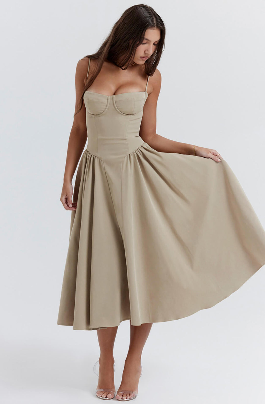 Sophisticated navy women's midi dress, a flattering corset and bodycon fit for elegant evening wear.