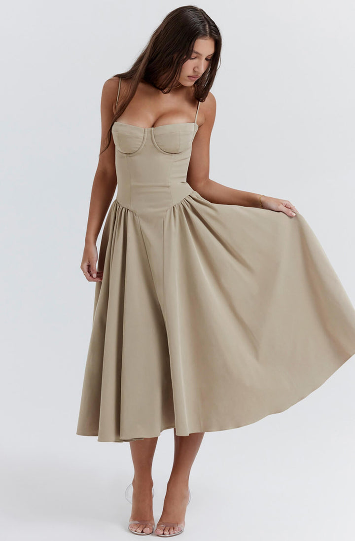 Sophisticated navy women's midi dress, a flattering corset and bodycon fit for elegant evening wear.