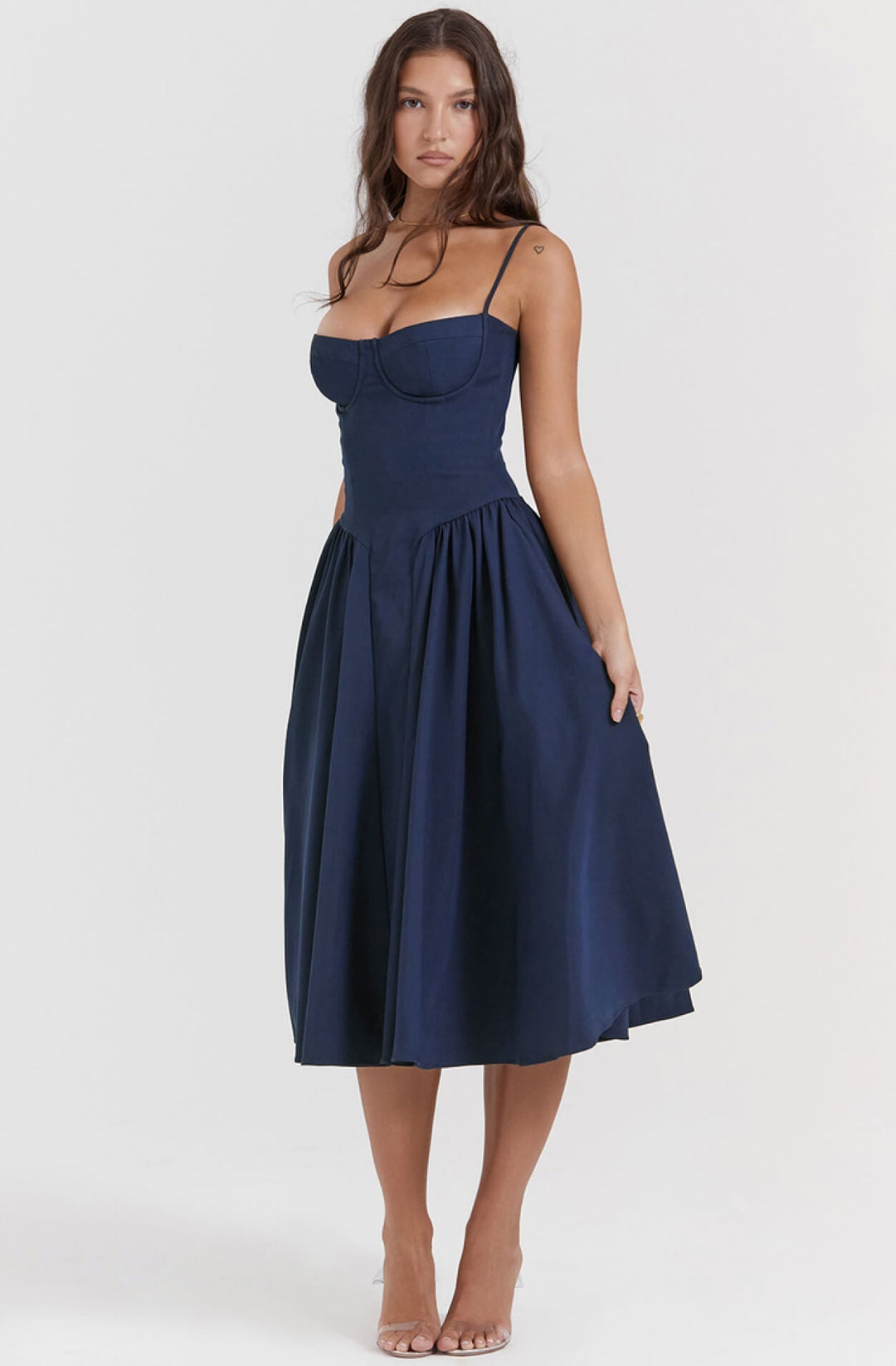 Figure-flattering taupe evening dress, a chic corset midi style for women's elegant occasions.