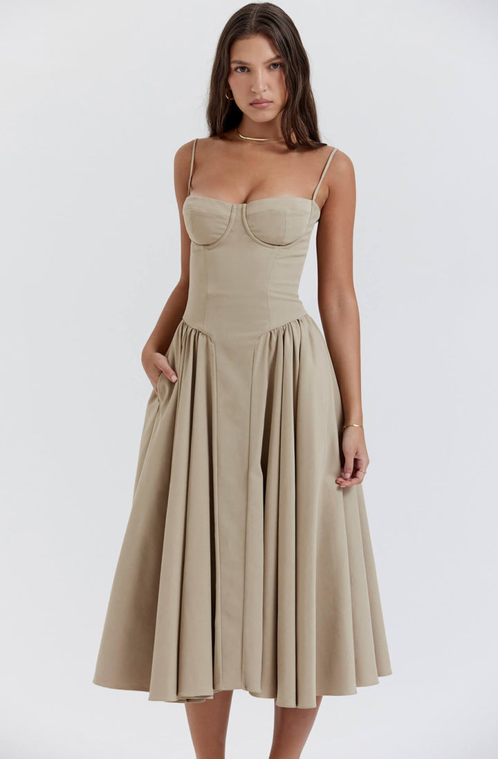 Elegant women's navy bodycon midi dress, detailed with a stylish corset for a perfect figure fit.
