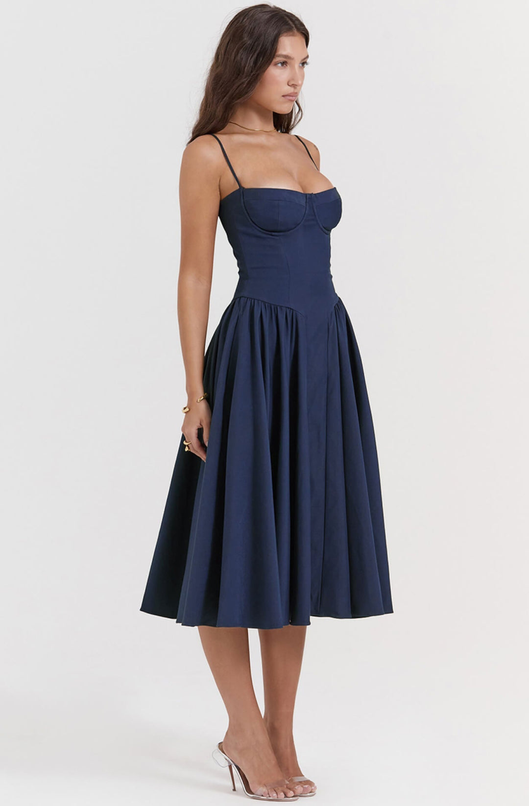 Navy corset midi dress for women, an elegant bodycon style perfect for parties & special events.