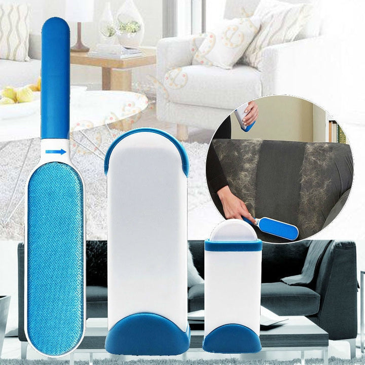 "Schlanke blaue und weiße Haustierhaarentferner-Bürste mit magnetischer Wirkung, Vorderansicht auf weißem Hintergrund."