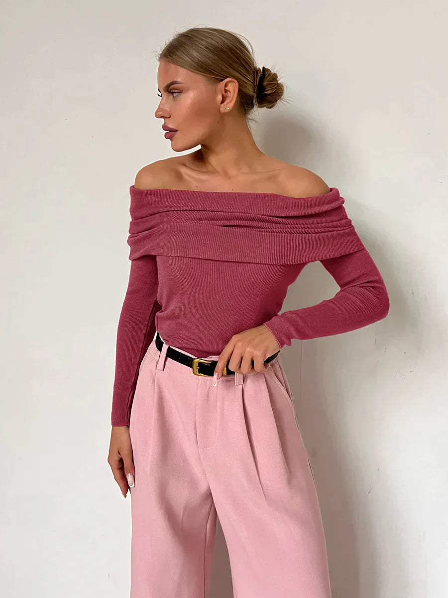"Schulterfreier Damenpullover, elegantes Off-Shoulder-Design, weiches Material, figurbetonte Passform, vielseitiges Outfit"