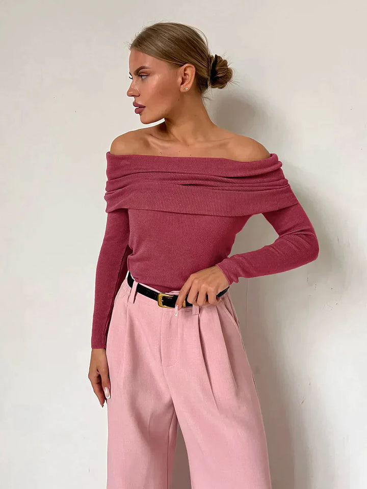 "Schulterfreier Damenpullover, elegantes Off-Shoulder-Design, weiches Material, figurbetonte Passform, vielseitiges Outfit"