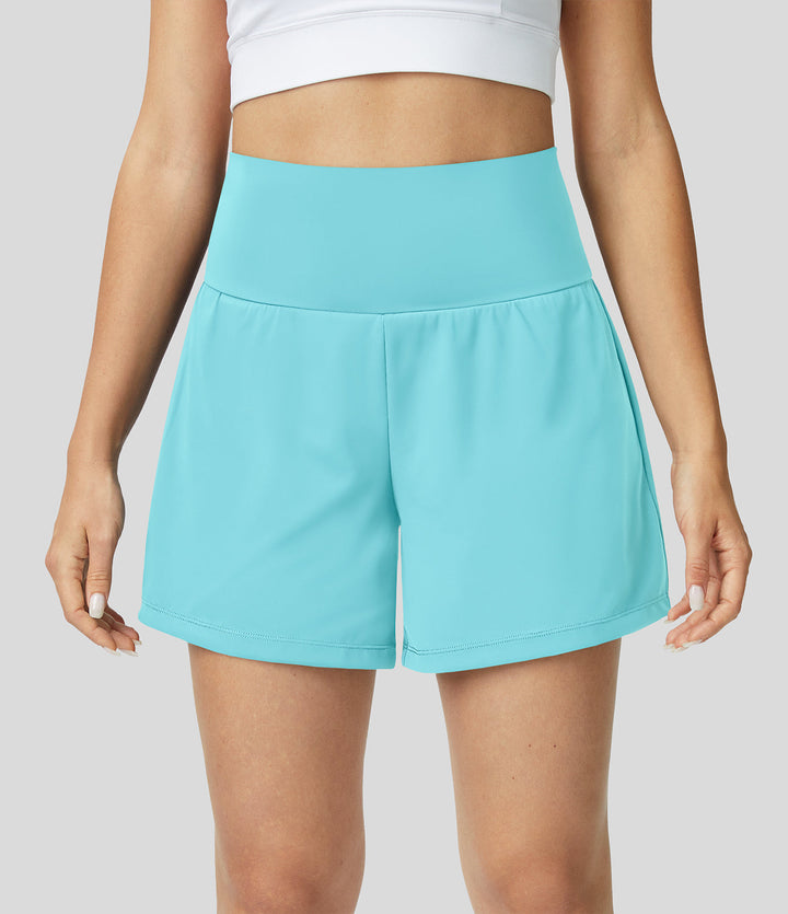 "Schwarze 2-in-1 Damen-Yoga-Shorts mit hoher Taille, atmungsaktivem Material und praktischen Taschen, ideal für Sport."