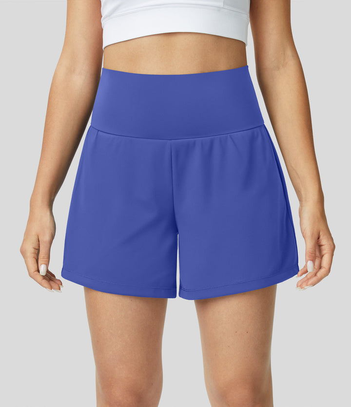 "Schwarze 2-in-1 Damen-Yoga-Shorts mit hoher Taille, atmungsaktivem Material und praktischen Taschen, ideal für Sport."