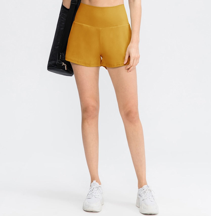 "Schwarze 2-in-1 Damen-Yoga-Shorts mit hoher Taille, atmungsaktivem Material und praktischen Taschen, ideal für Sport."
