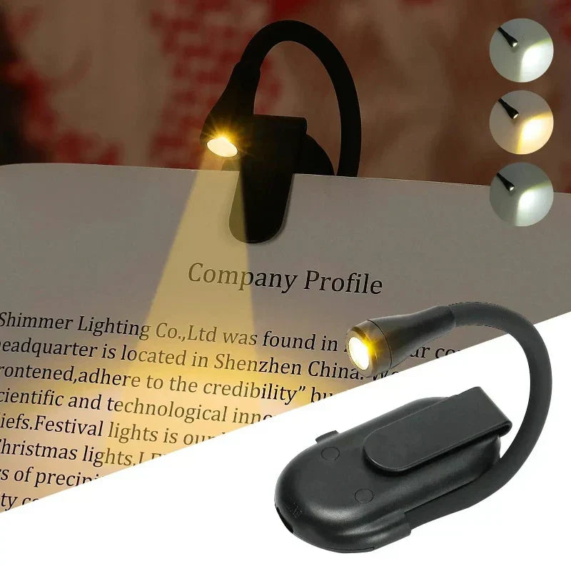 "Schwarze, flexible Leselampe mit 360°-Rotation, wiederaufladbarem Buchclip und dimmbaren LEDs ideal fürs Lesen."