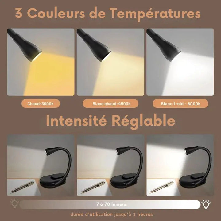 "Schwarze, flexible Leselampe mit 360°-Rotation, wiederaufladbarem Buchclip und dimmbaren LEDs ideal fürs Lesen."