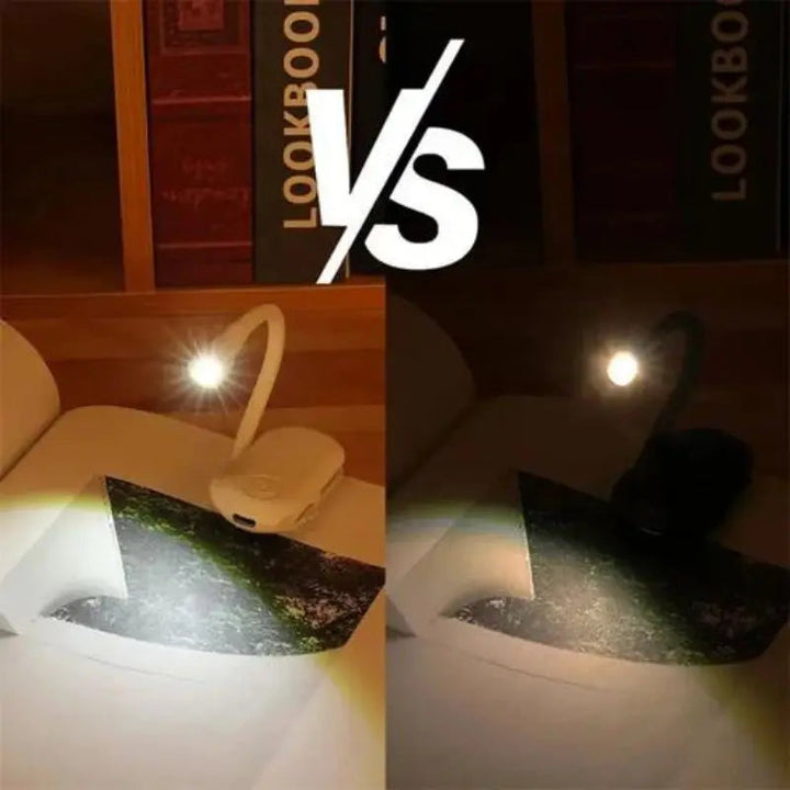 "Schwarze, flexible Leselampe mit 360°-Rotation, wiederaufladbarem Buchclip und dimmbaren LEDs ideal fürs Lesen."