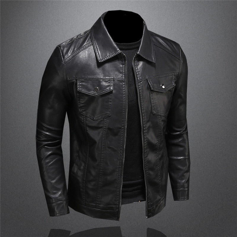 Schwarze Herren Lederjacke mit klassischem Kragen und markantem Reißverschluss, ideal für stilvolle Eleganz.