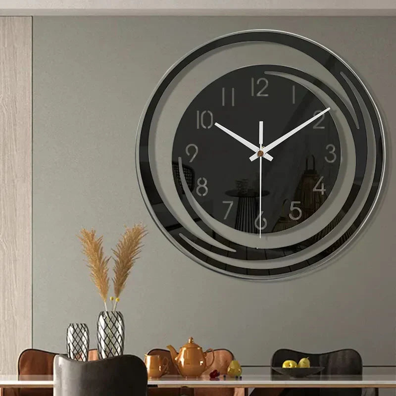 "Schwarze skandinavische Acryl Wanduhr, geometrisches Design, geräuschlos, ideal für Wohnzimmer, minimalistisch und modern."