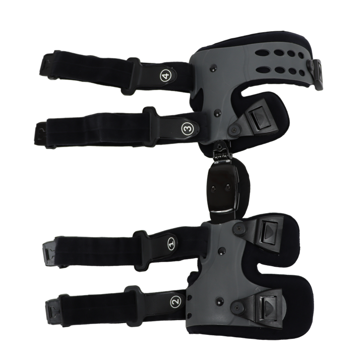 "Schwarze verstellbare Kniebandage seitlich für Druckentlastung, Stabilität und Komfort bei Arthrose und Bänderverletzungen."