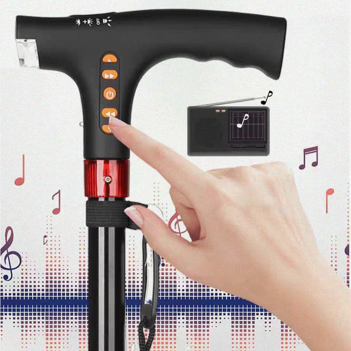 "Schwarzer Spazierstock für Senioren mit LED-Licht und Radio, verstellbar, aus Aluminium für sichere und unterhaltsame Spazie