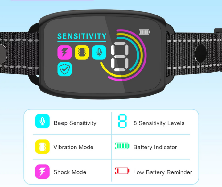 "Schwarzes Hundetraining Halsband mit 8 Empfindlichkeitsstufen und Schockmodus für effektives Verhaltenstraining."