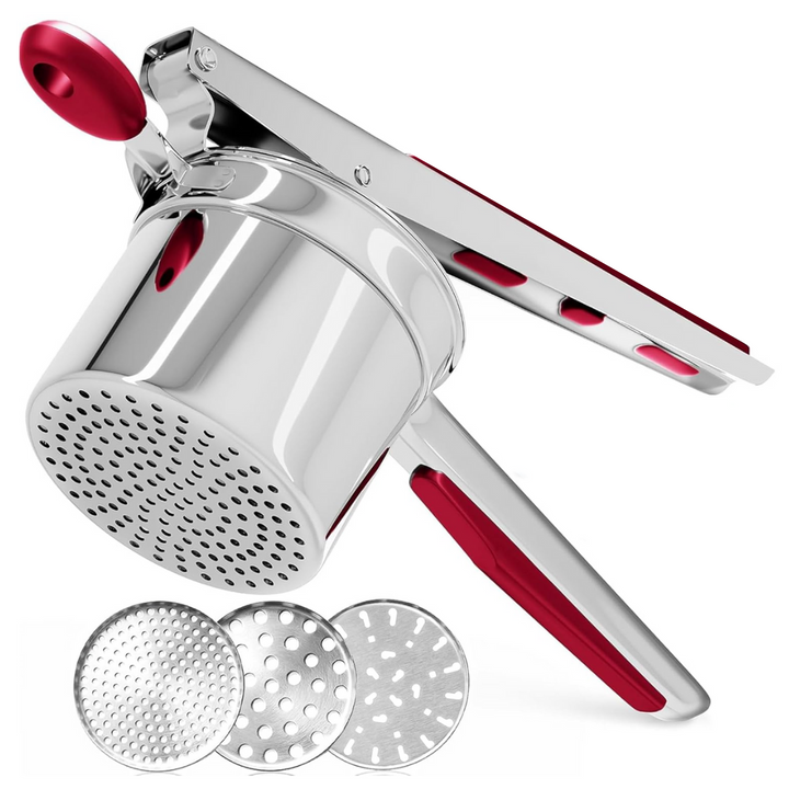 Schwerer Edelstahl Kartoffelstampfer seitlich, ideal für samtiges Kartoffelpüree, ergonomisches Design, robust und langlebig.