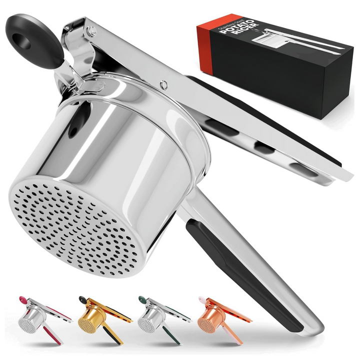 Schwerer Edelstahl Kartoffelstampfer seitlich, ideal für samtiges Kartoffelpüree, ergonomisches Design, robust und langlebig.