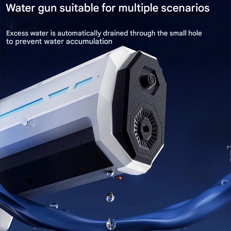 Seitenansicht der automatischen Wasserpistole mit 1L Tank und 10m Reichweite, ideal für lange Wasserschlachten.