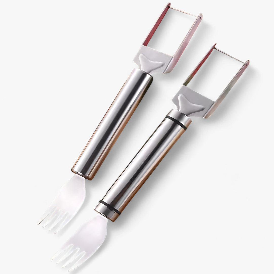 "Seitenansicht des Melonenschneiders aus Edelstahl mit ergonomischem Griff, ideal für präzise Wassermelonenscheiben."