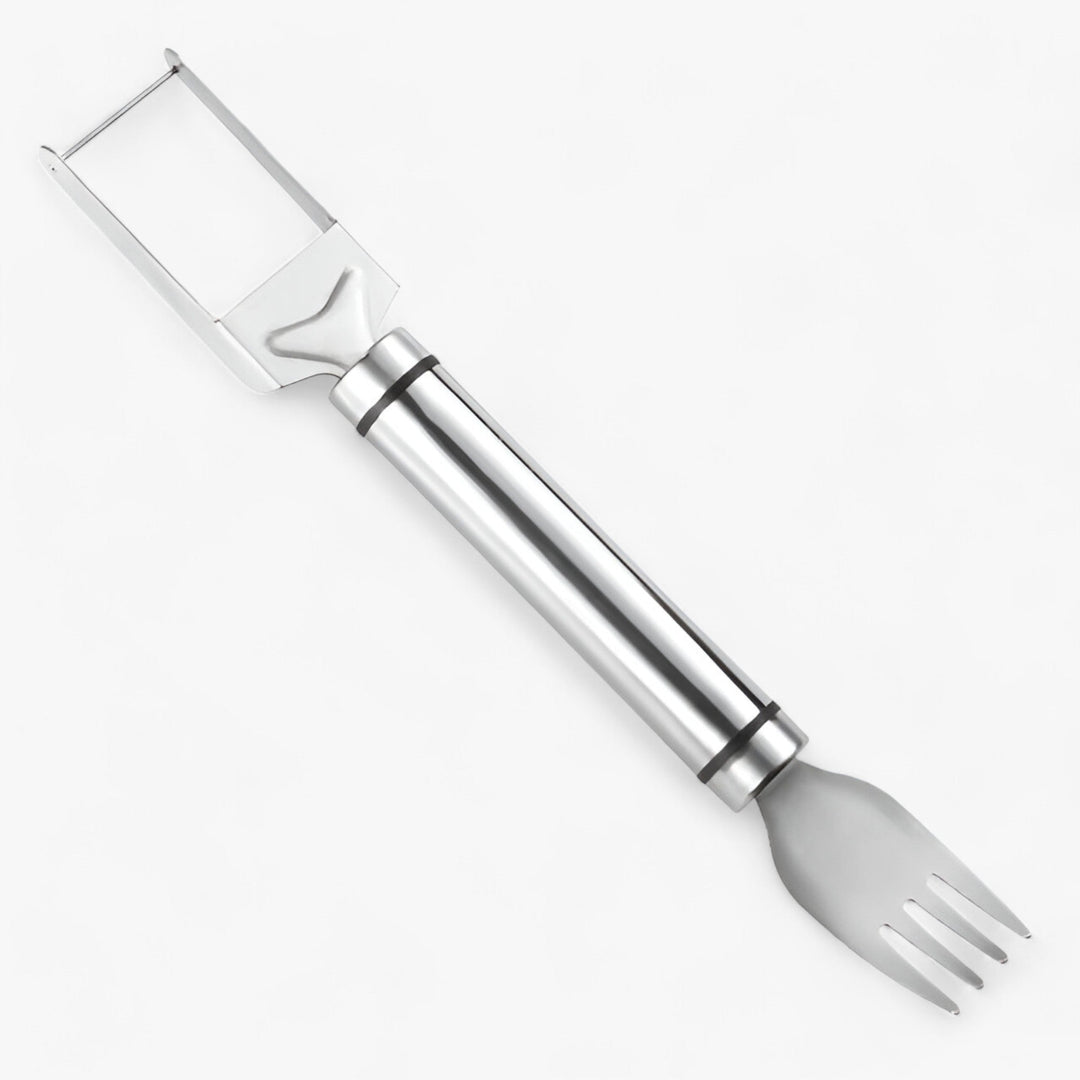 "Seitenansicht des Melonenschneiders aus Edelstahl mit ergonomischem Griff, ideal für präzise Wassermelonenscheiben."