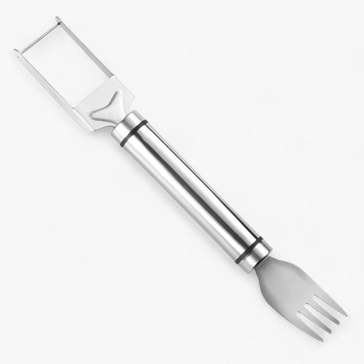 "Seitenansicht des Melonenschneiders aus Edelstahl mit ergonomischem Griff, ideal für präzise Wassermelonenscheiben."