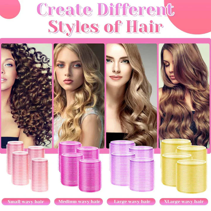 Selbstklebende Haarwickler in diversen Größen für voluminöse, hitzefreie Locken. Einfach anzuwenden, schonend für das Haar.
