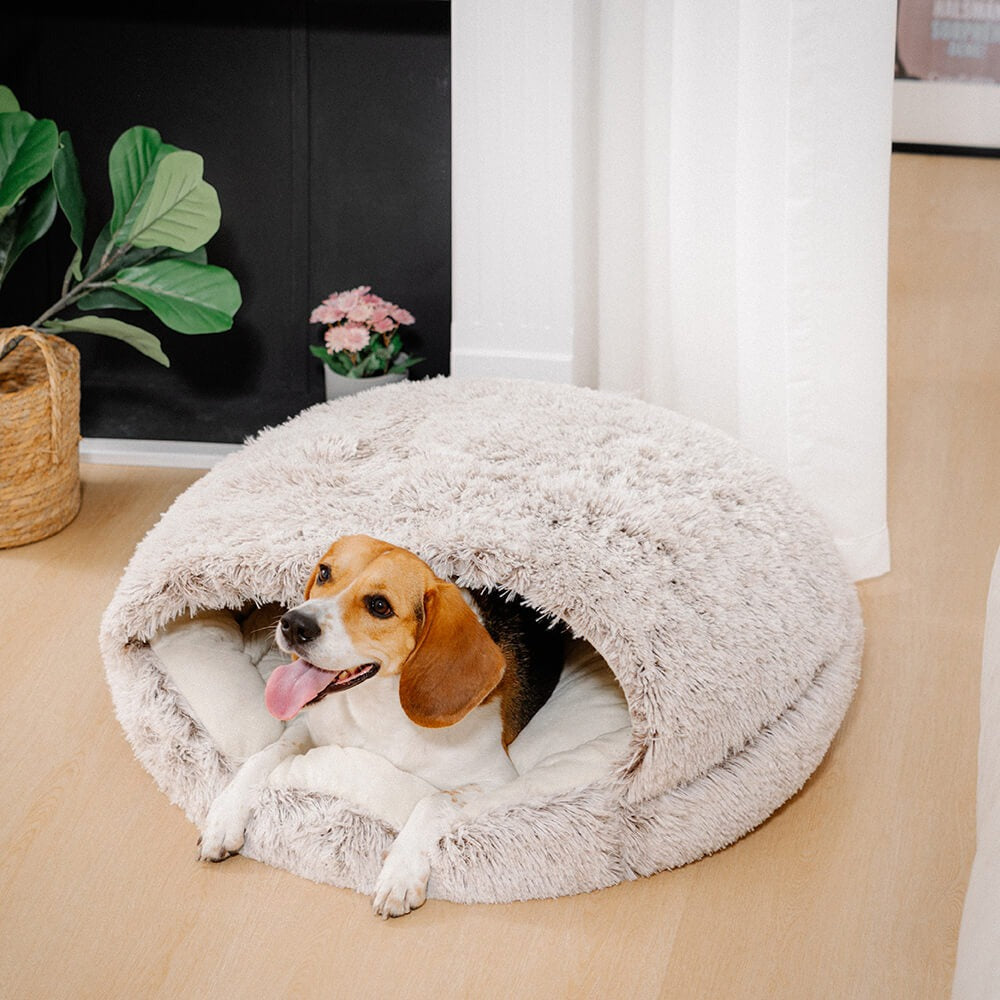 Unisex calming pet nest bed, plush and semi-enclosed for cats, dogs. New arrival.